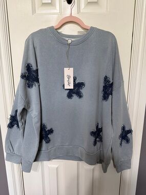 Blue Velvet Light Blue Crewneck Sweatshirt with Navy Denim Floral Appliqués